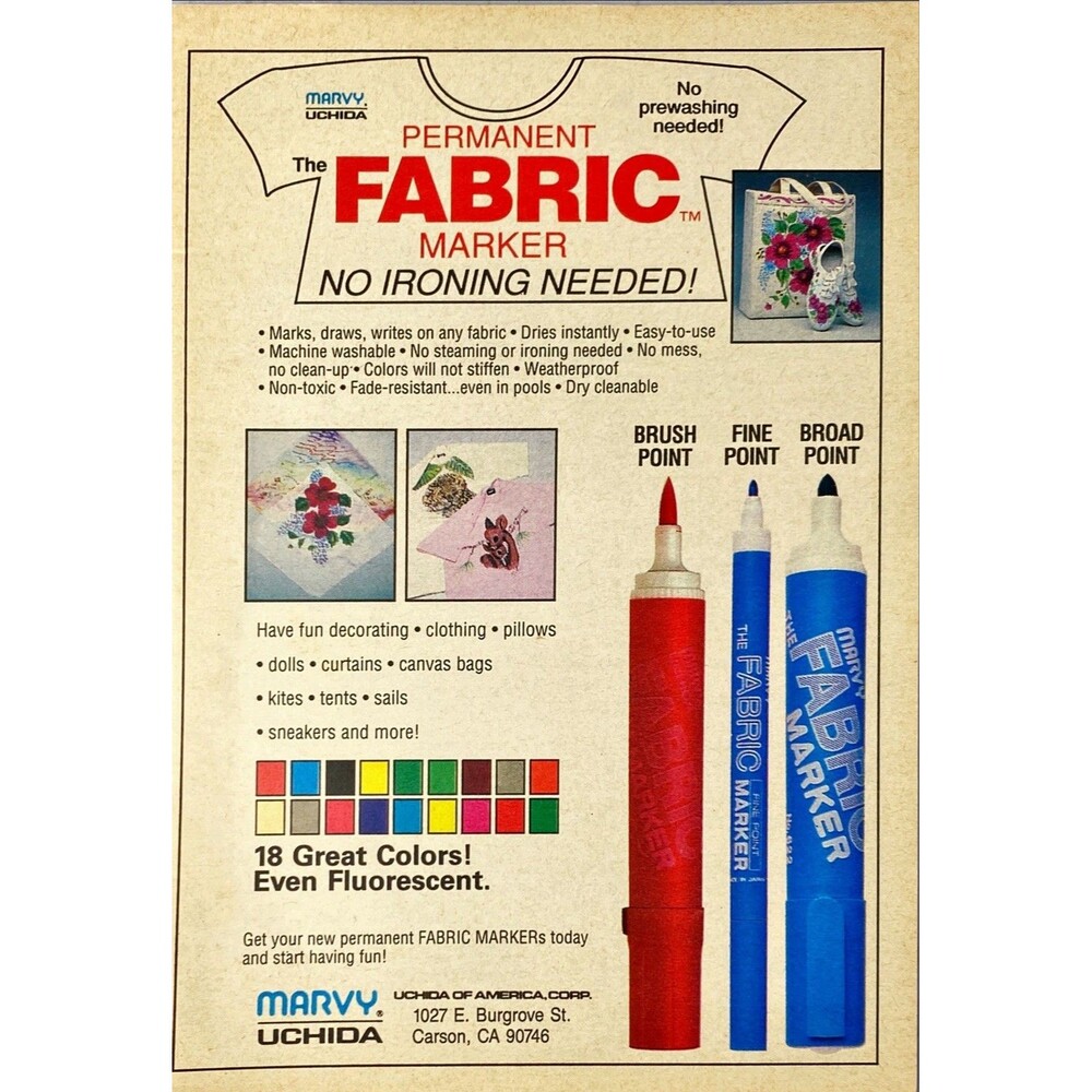 Marvy Uchida Permanent Fabric Marker "No Ironing Needed" Vintage Print Ad 1993